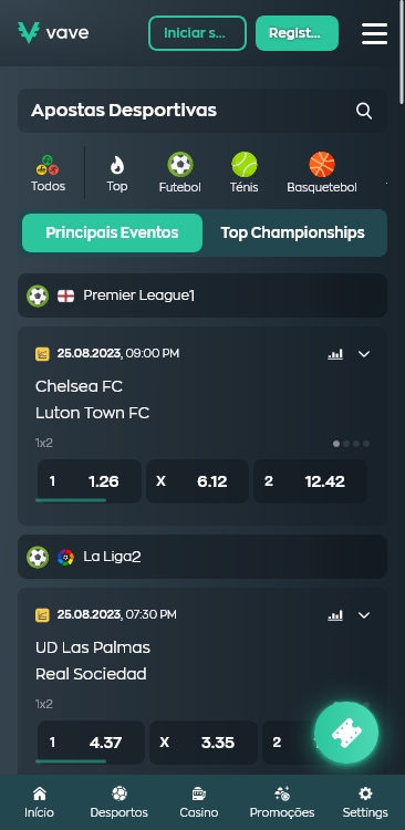 Uma captura de tela do aplicativo móvel na aba de apostas esportivas
