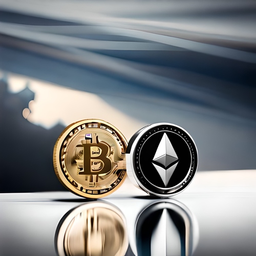 Uma moeda de BTC e outra de ETH sobre uma mesa