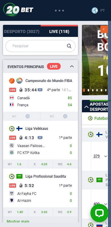 Exemplo de eventos esportivos disponíveis